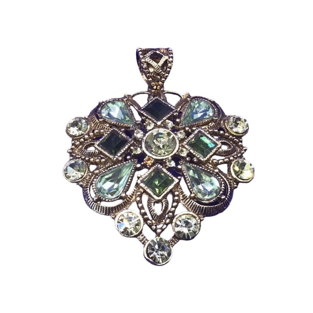 Heart Shaped Teardrop Large Pendant Green Crystals Gold Tone Vintage